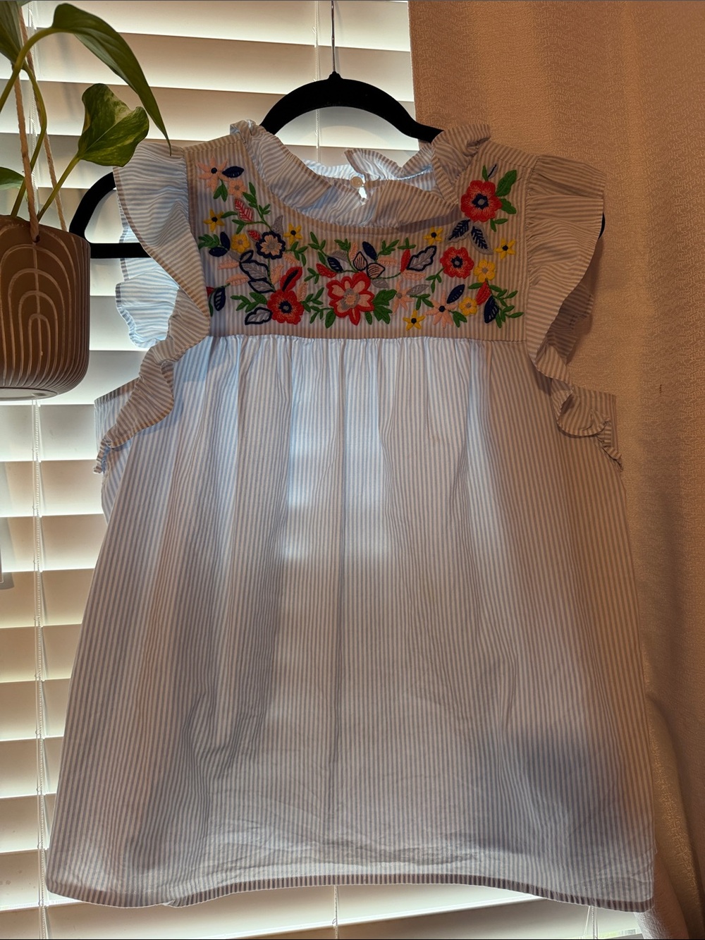 crown & ivy Blue Pinstripe Tank with Bright Floral Embroidery